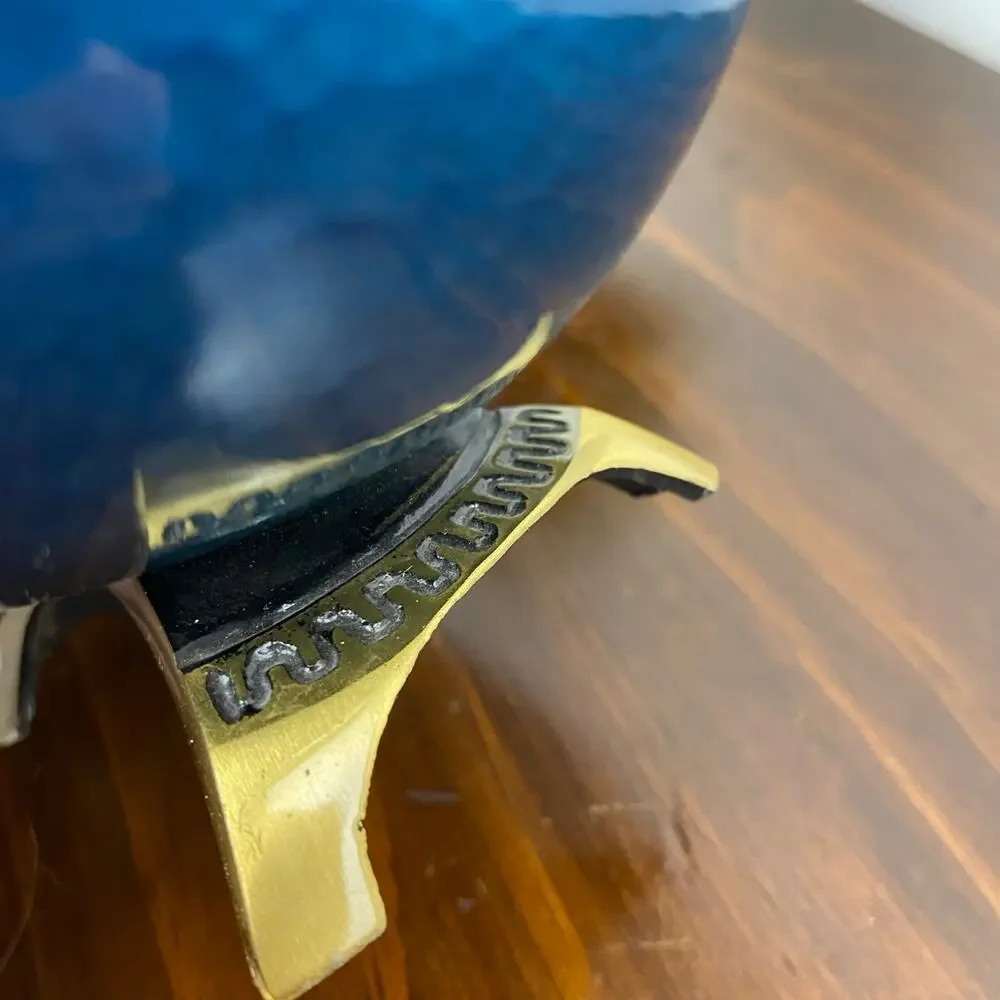 Vintage MCM Judaica Brass Blue Enamel Pedestal Bowl Handmade In Israel Decor